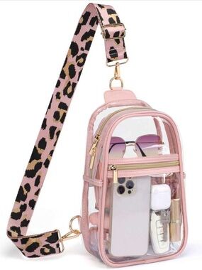 Clear Pink Crossbody Bag with Leopard Strap
